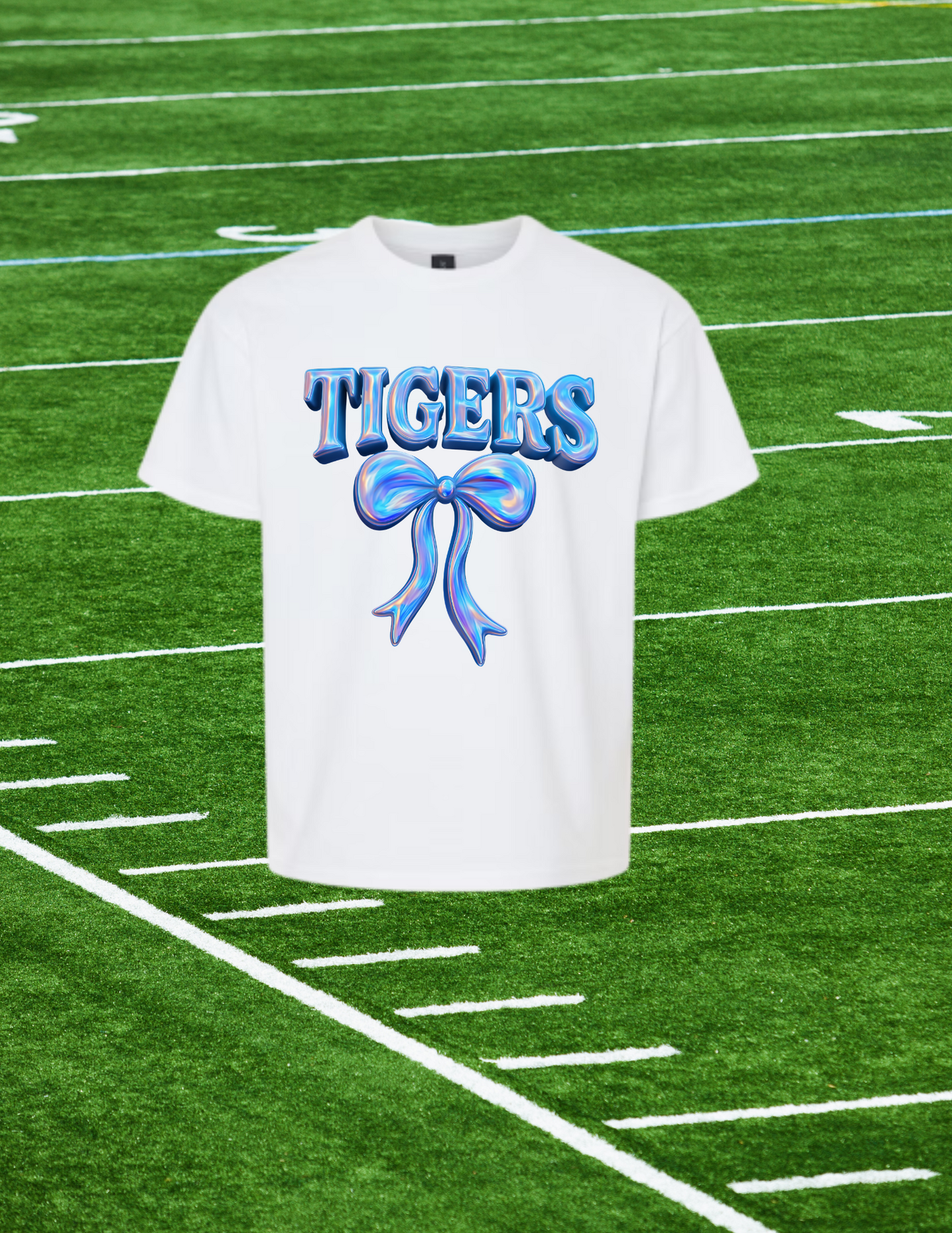 💙 Metallic Blue Bow Tigers Tee – Bold Spirit, Fierce Shine