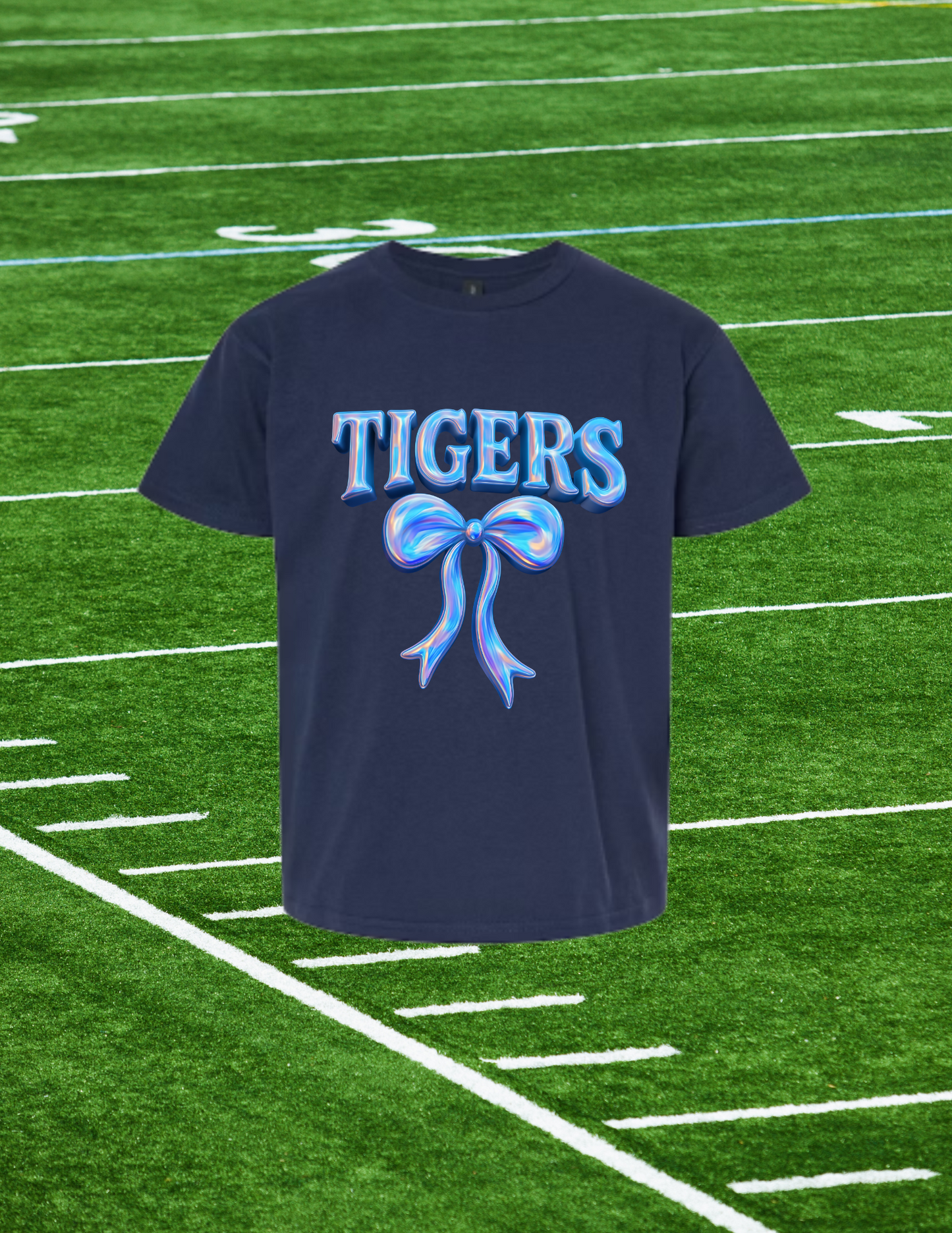 💙 Metallic Blue Bow Tigers Tee – Bold Spirit, Fierce Shine