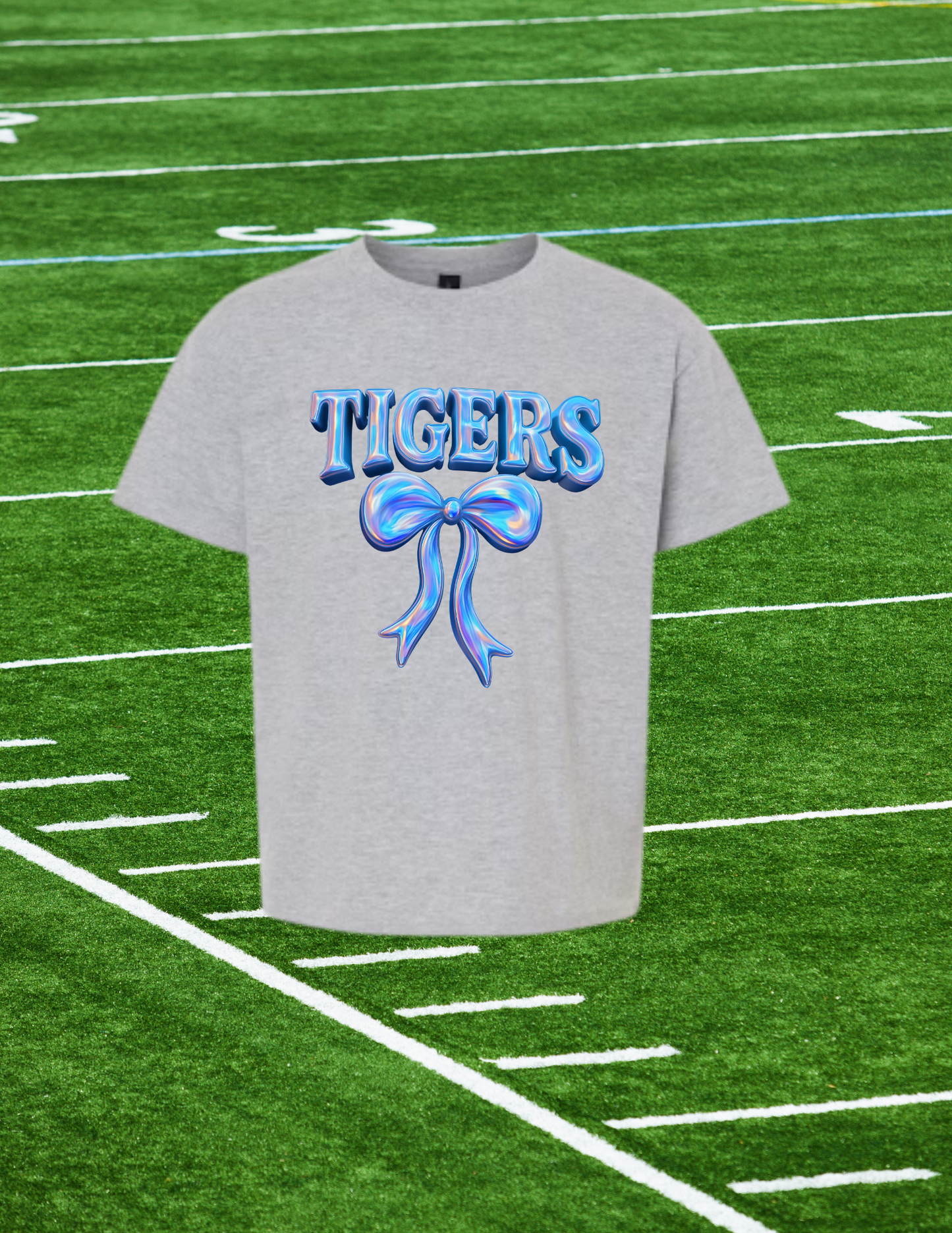 💙 Metallic Blue Bow Tigers Tee – Bold Spirit, Fierce Shine